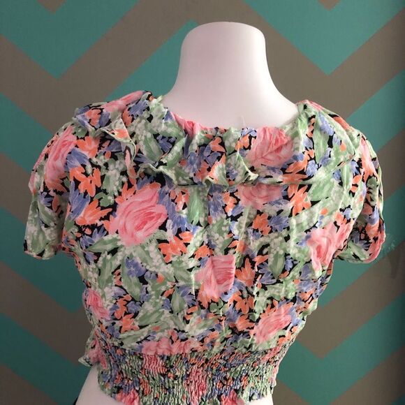 Zara Floral Green & Pink Blouse Elasticated Top Small - Picture 8 of 8